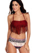 Sexy Burgundy Halter Fringed Floral Printed Bikini Swimsuit
